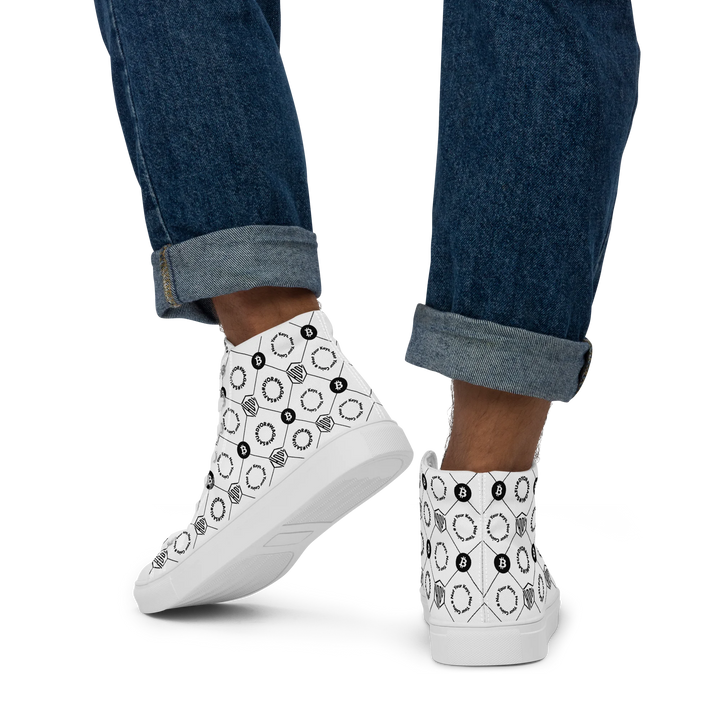 HODL Bitcoin High-Top Canvas for men "First Edition White" with white sole back with jeans