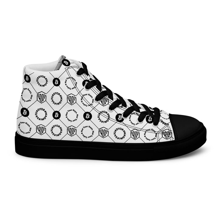 HODL Bitcoin Crypto High-Top Canvas man "First Edition White" Black Sole right outside