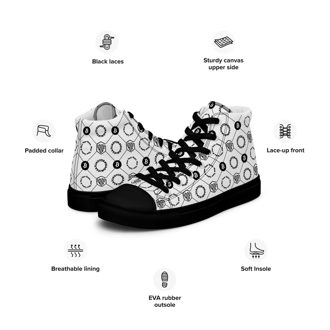 HODL Bitcoin Crypto High-Top Canvas for Women "First Edition White" Black Sole left with icons
