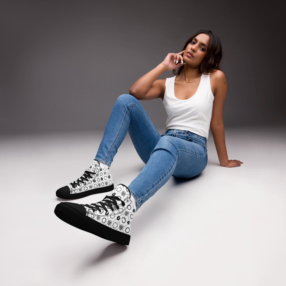 HODL Bitcoin Crypto High-Top Canvas for Women "First Edition White" Black Sole  on women with jeans