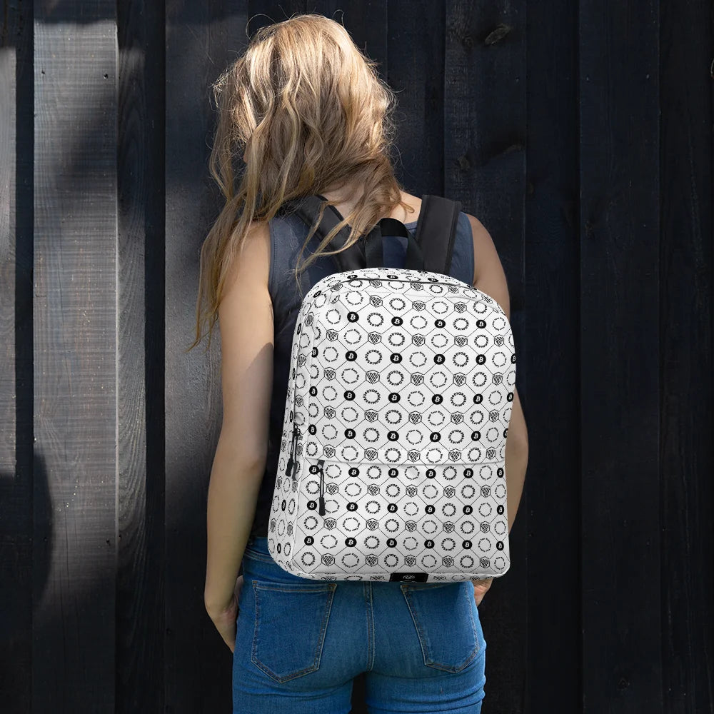 HODL Backpack "First Edition White" front with blonde women
