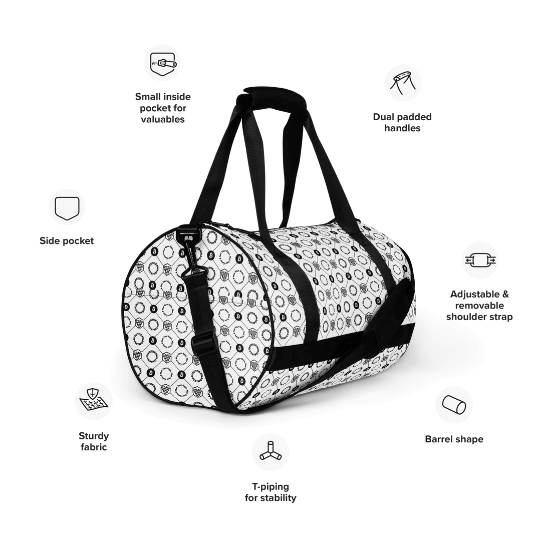 HODL Gym Bag "First Edition White" details with icons
