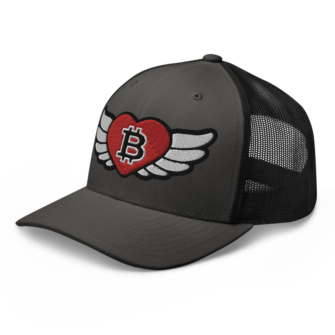 Bitcoin Cap Trucker Cap – Big Flying Heart Design – Crypto Cap | HODL.ag