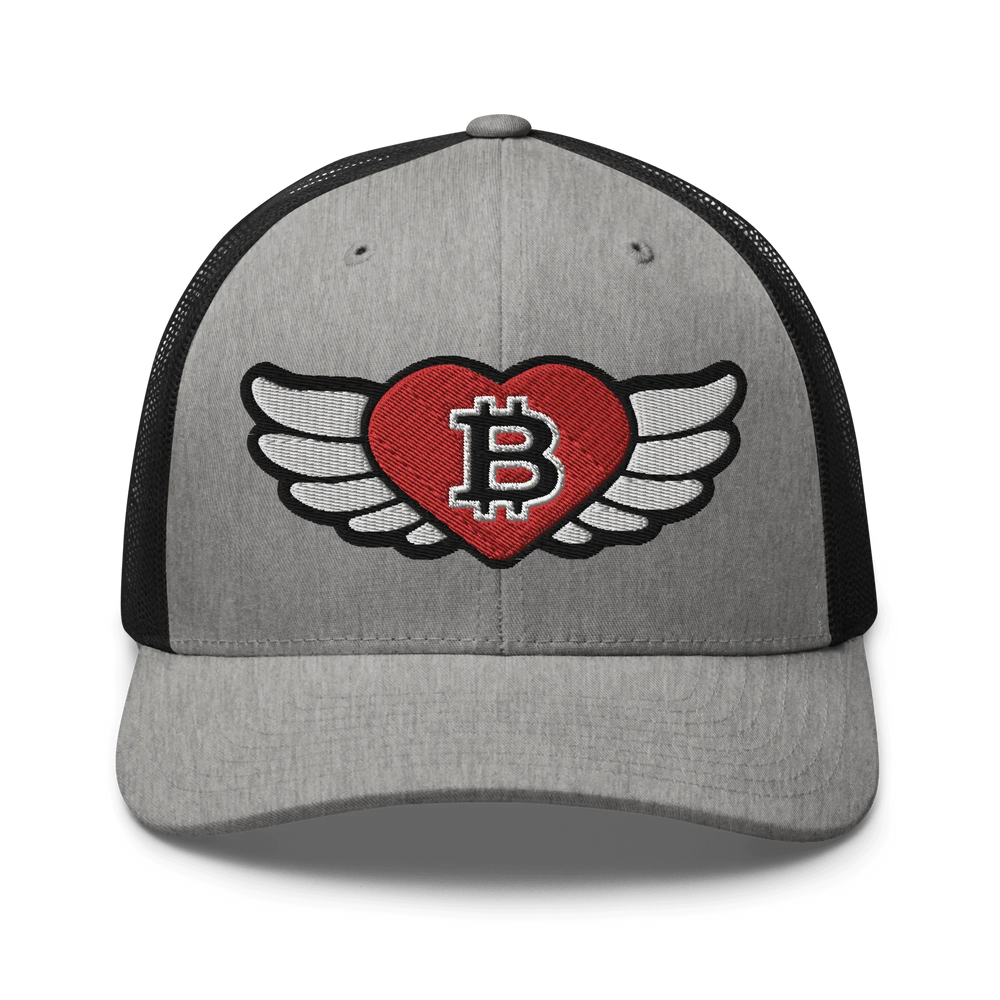 Bitcoin Cap Trucker Cap – Big Flying Heart Design – Crypto Cap | HODL.ag