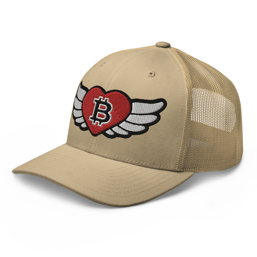 Bitcoin Cap Trucker Cap – Big Flying Heart Design – Crypto Cap | HODL.ag