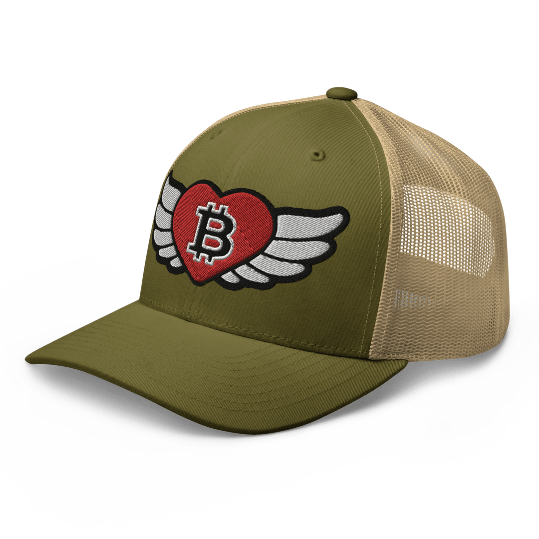 Bitcoin Cap Trucker Cap – Big Flying Heart Design – Crypto Cap | HODL.ag