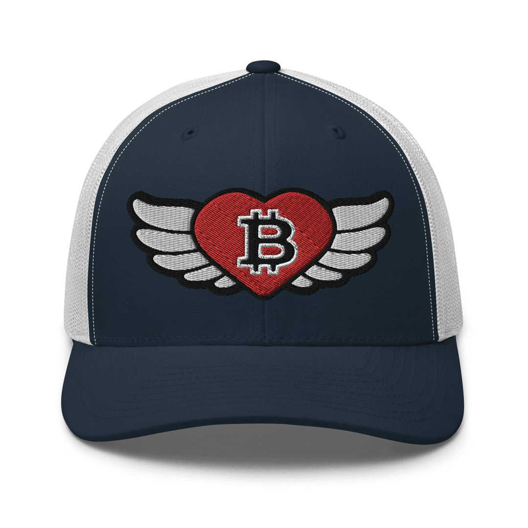 Bitcoin Cap Trucker Cap – Big Flying Heart Design – Crypto Cap | HODL.ag